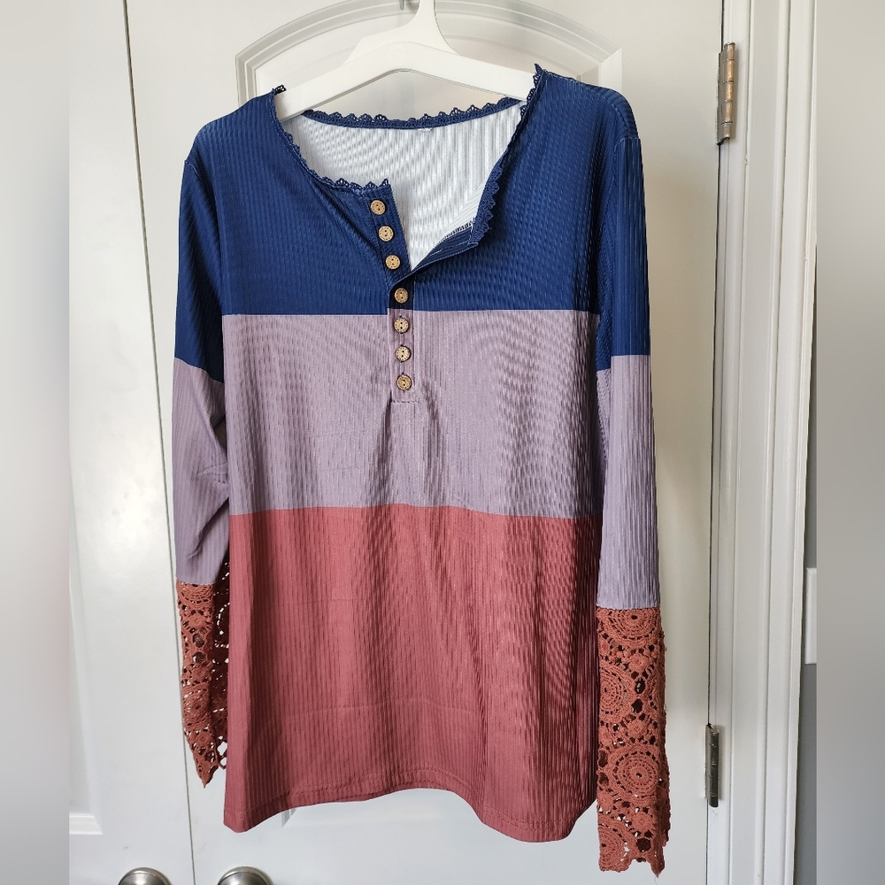 Long Sleeve Henley Tee Top Heavy Lace Sleeves Tri Color - Picture 3 of 3
